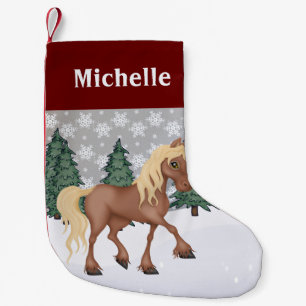 Personlig Cute Brown Horse Winter Scene Liten Julstrumpa