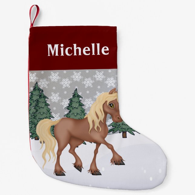 Personlig Cute Brown Horse Winter Scene Liten Julstrumpa (Framsidan)