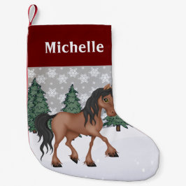 Personlig Cute Brown Horse Winter Scene Liten Julstrumpa