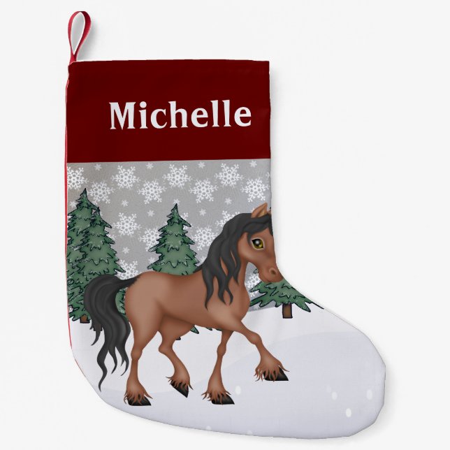 Personlig Cute Brown Horse Winter Scene Liten Julstrumpa (Framsidan)