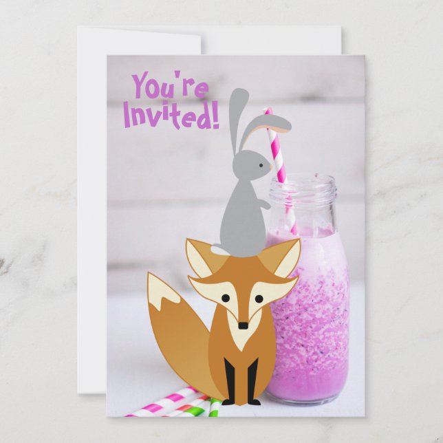 Personlig Cute Bunny och Fox Milkshake Birthday Inbjudningar (Framsida)