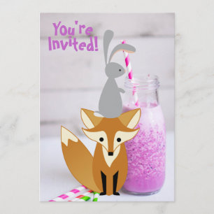 Personlig Cute Bunny och Fox Milkshake Birthday Inbjudningar