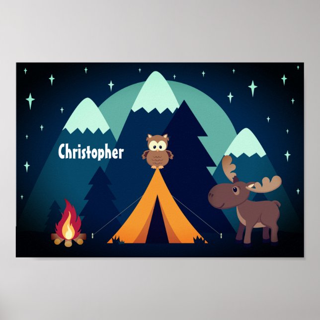 Personlig Cute Camping, Animals and Mountains Poster (Framsidan)