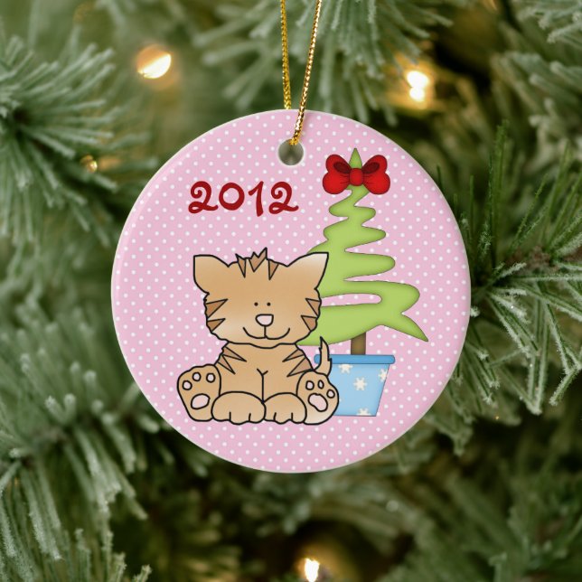 Personlig Cute Cat och Julgran på Rosa Julgransprydnad Keramik (Träd)