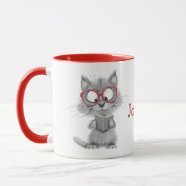 Personlig Cute Cat Reading Mugg med Red Handle