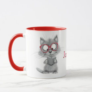 Personlig Cute Cat Reading Mugg med Red Handle
