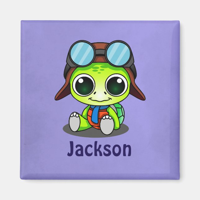 Personlig Cute Chibi Turtle i Aviator Hat Magnet (Framsidan)