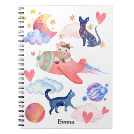 Personlig Cute Cow Space Cats Måne Whimsique Anteckningsbok