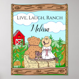 Personlig Cute Cowgirl och Nalle på Ranch Poster