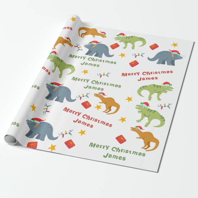 Personlig Cute Dinosaur Santa God jul Presentpapper (Utrullad)