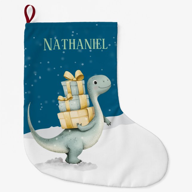Personlig Cute Dinosaur Stor Julstrumpa (Framsidan)