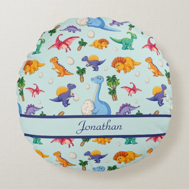 Personlig Cute Dinosaurs Blue Boy Baby Rund Kudde (Framsidan)