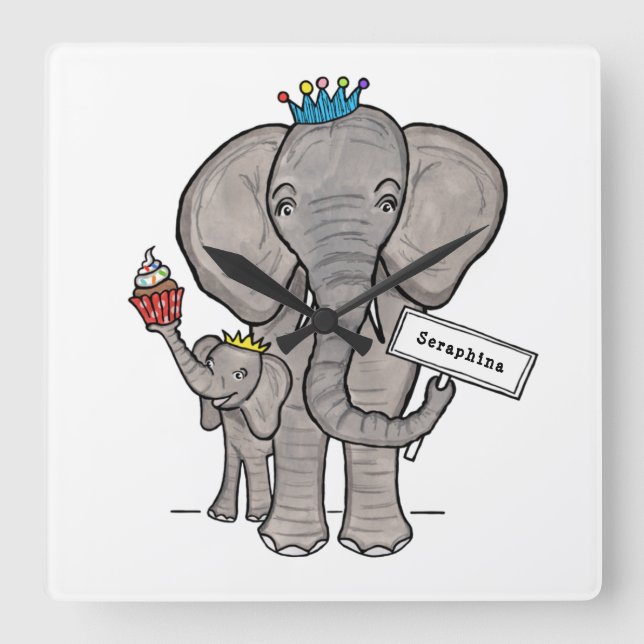Personlig Cute Elephant och Baby Fyrkantig Klocka (Framsida)