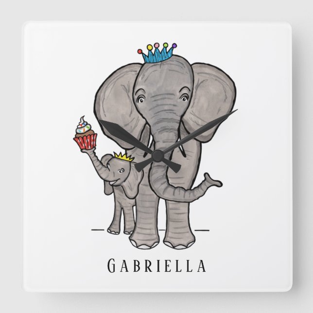 Personlig Cute Elephant och Baby Fyrkantig Klocka (Framsida)