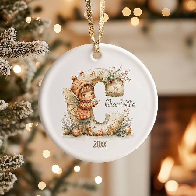 Personlig Cute Fairy jul Initial Keepsak Julgransprydnad Keramik (Skapare uppladdad)