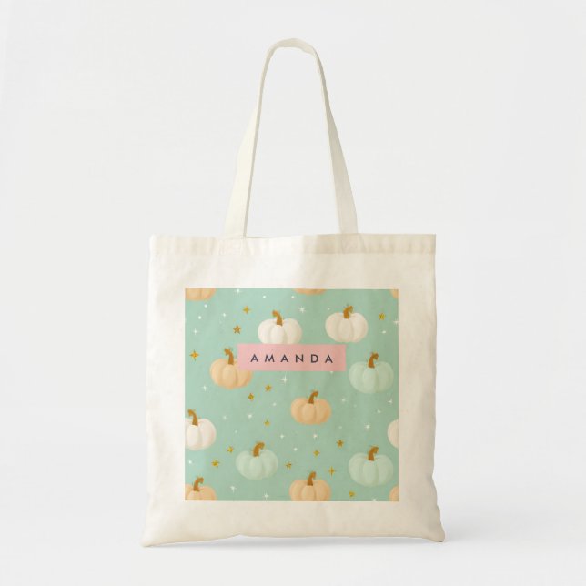 Personlig Cute Fall Mint-Grönt Pastel Pumpkin Tygkasse (Framsidan)