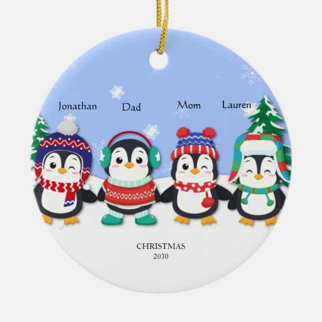 Personlig Cute Four Penguin Snö Scene Ceram Julgransprydnad Keramik (Framsidan)