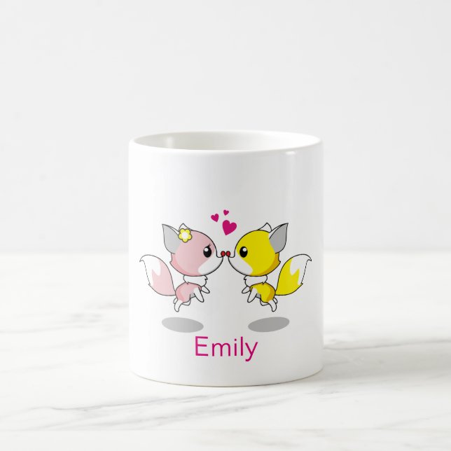 Personlig Cute Fox i Gult och Rosa med hjärta Kaffemugg (Center)