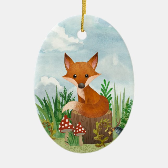 Personlig Cute Fox på Träd-stenjulen Julgransprydnad Keramik (Framsidan)