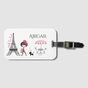 Personlig Cute Girl and Cat Eiffel Torn Paris Bagagebricka