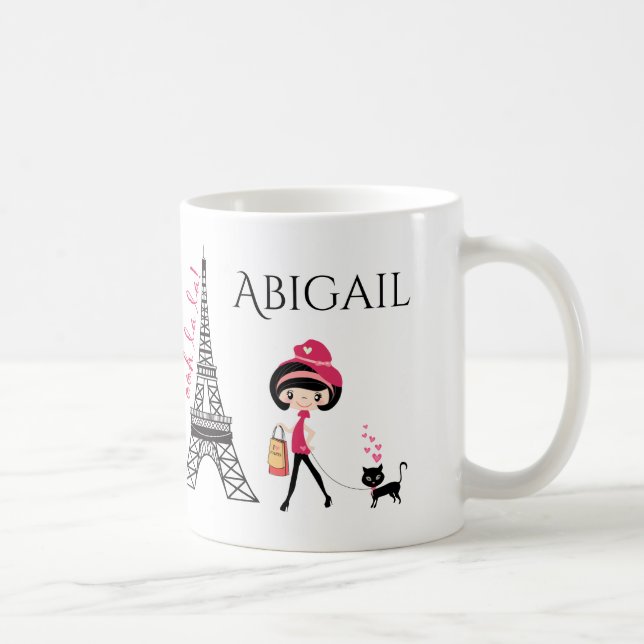 Personlig Cute Girl and Cat Eiffel Torn Paris Kaffemugg (Höger)