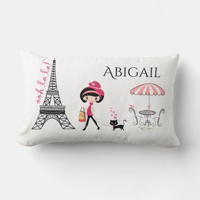 Personlig Cute Girl and Cat Eiffel Torn Paris Lumbarkudde (Framsida)