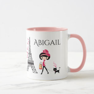 Personlig Cute Girl and Cat Eiffel Torn Paris Mugg