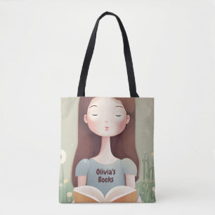 Personlig Cute Girl Reading Bok Bag Tote Bag Tygkasse