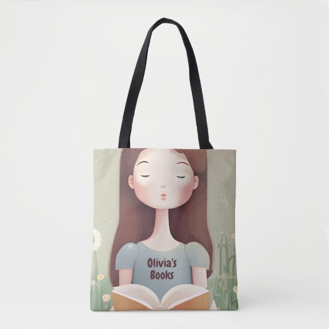 Personlig Cute Girl Reading Bok Bag Tote Bag Tygkasse (Framsida)