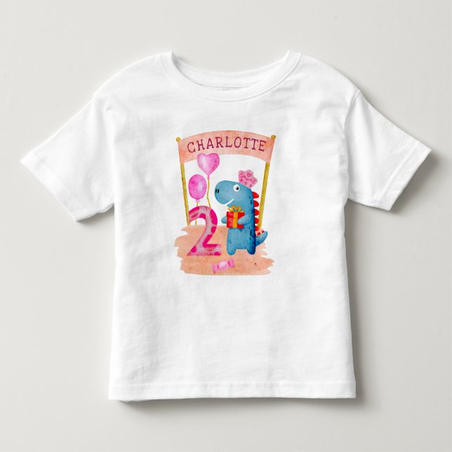 Personlig Cute Girly Dinosaur 2 år T Shirt (Framsida)