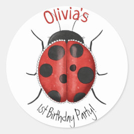 Personlig Cute Girly LadyBug 1:a födelsedagen Runt Klistermärke