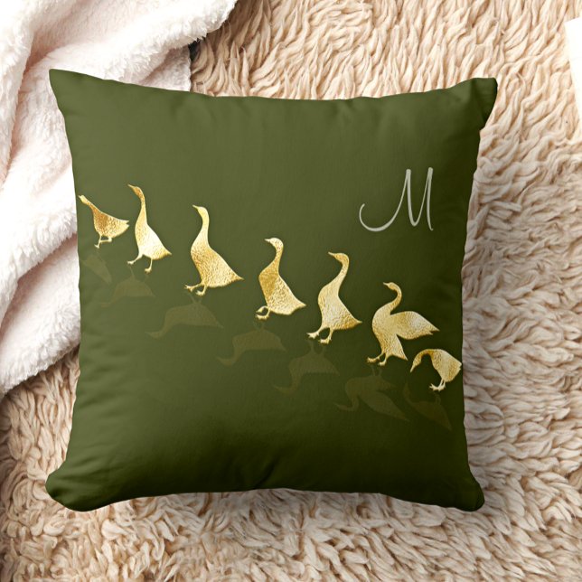 Personlig Cute Gold Foil Geese Mörk Sage Grönt Lumbarkudde (Skapare uppladdad)