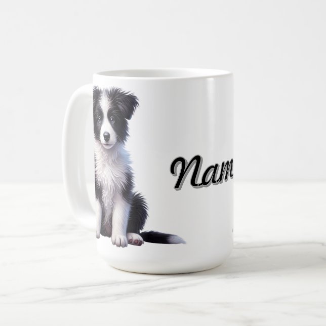 Personlig Cute Gräns Collie Puppy Kaffemugg (Framsida vänster)
