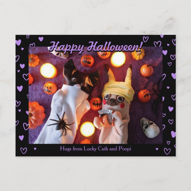 Personlig Cute Halloween Lila Hearts Photo Vykort (Framsida)