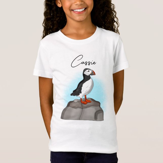 Personlig Cute Hand plockade Puffin T Shirt (Framsida)