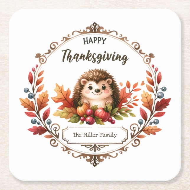 Personlig Cute Hedgehog Happy thanksgiving Underlägg Papper Kvadrat (Framsidan)