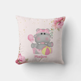 Personlig Cute Hippo Rosa och Guld Blommigt Kudde