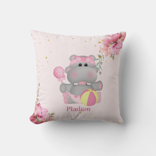 Personlig Cute Hippo Rosa och Guld Blommigt Kudde (Framsida)