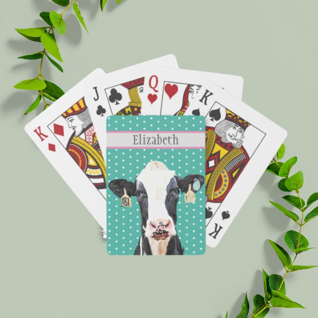 Personlig Cute Holstein Dairy Cow Animal Namn Casinokort (Holstein cow playing cards on a pretty blue teal background.)