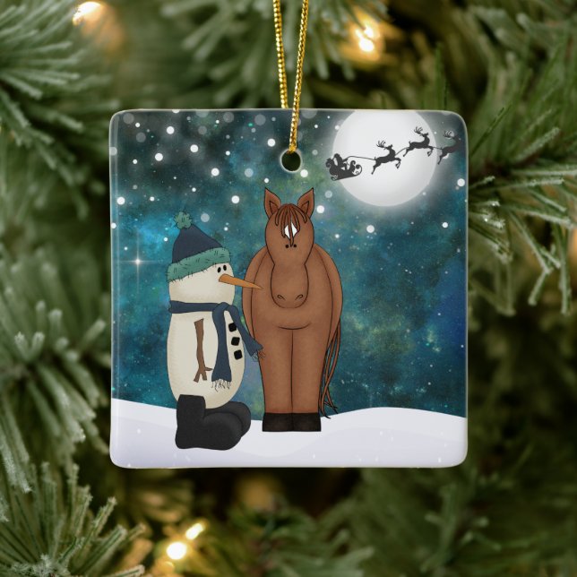 Personlig Cute Horse och Snögubbe jul Julgransprydnad Keramik (Träd)