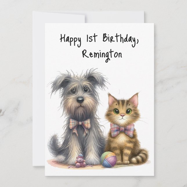 Personlig Cute Hund och Cat Lycklig 1:a födelsedag Kort (Framsida)
