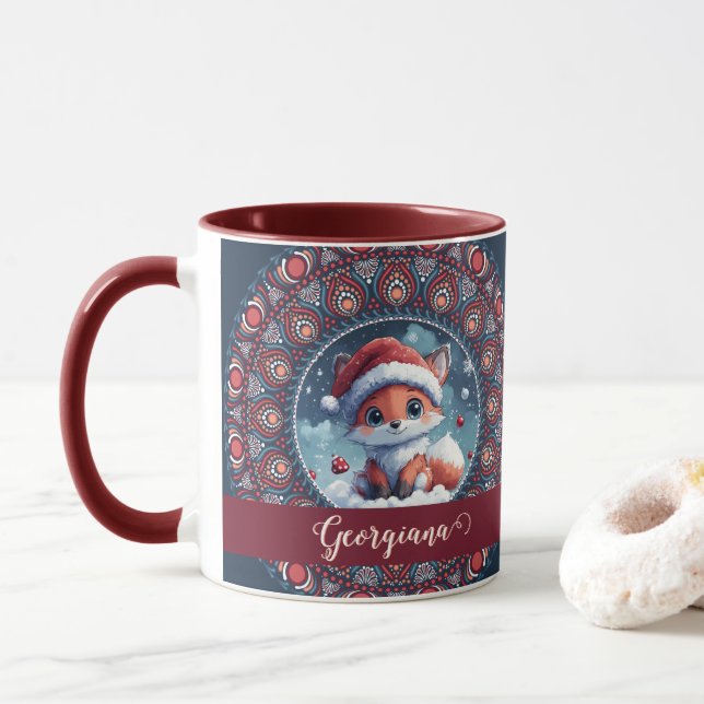 Personlig Cute jul Kawaii Fox Dot Mandala Mugg (Med munk)