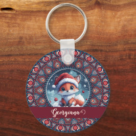 Personlig Cute jul Kawaii Fox Dot Mandala Nyckelring