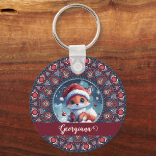 Personlig Cute jul Kawaii Fox Dot Mandala Nyckelring