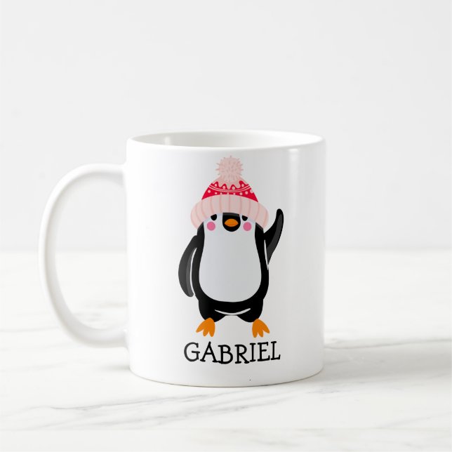 Personlig Cute jul Penguin in in Red Hat Kaffemugg (Vänster)