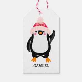 Personlig Cute jul Penguin in in Red Hat Presentetikett