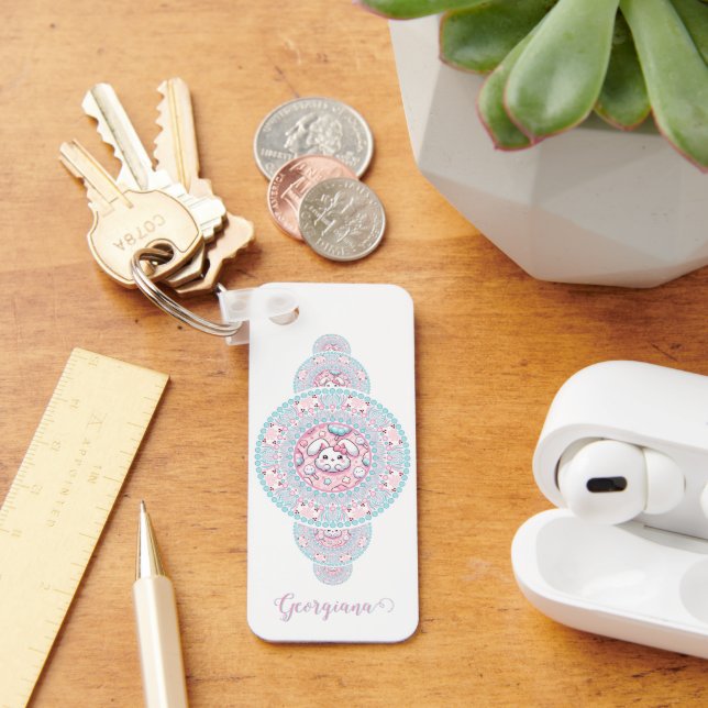 Personlig Cute Kawaii Bunny Ornamental Mandala Nyckelring (Skrivbord)