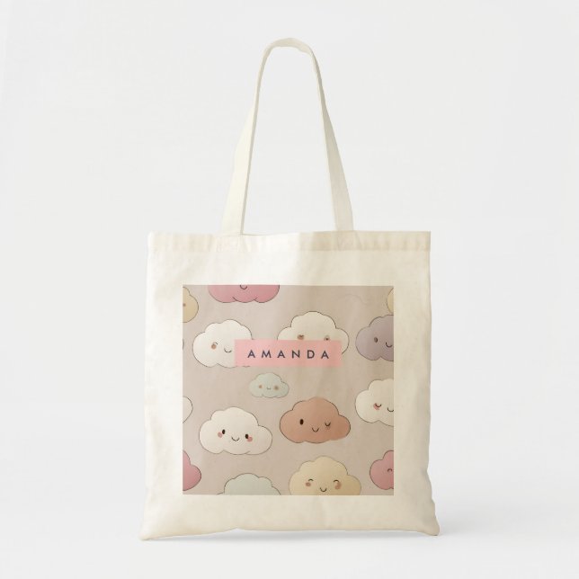 Personlig Cute Kawaii Pastel Smiling Clouds Tygkasse (Framsidan)