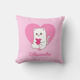 Personlig Cute Kawaii Rosa Heart Cat Baby Namn Kudde