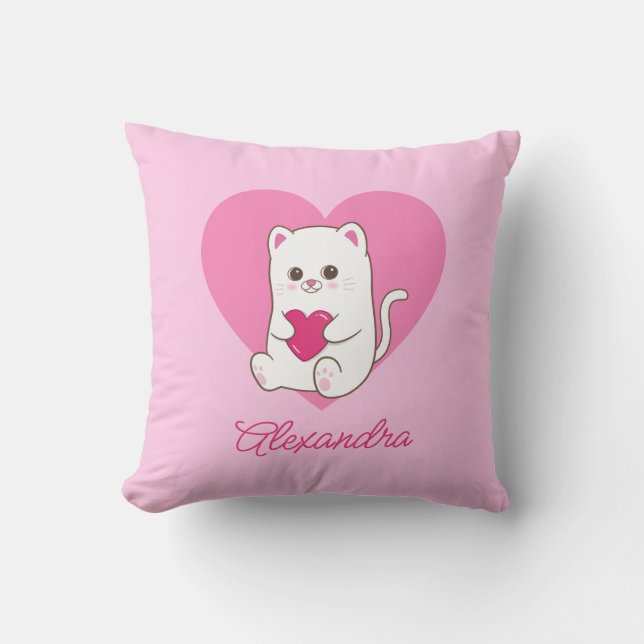 Personlig Cute Kawaii Rosa Heart Cat Baby Namn Kudde (Framsida)